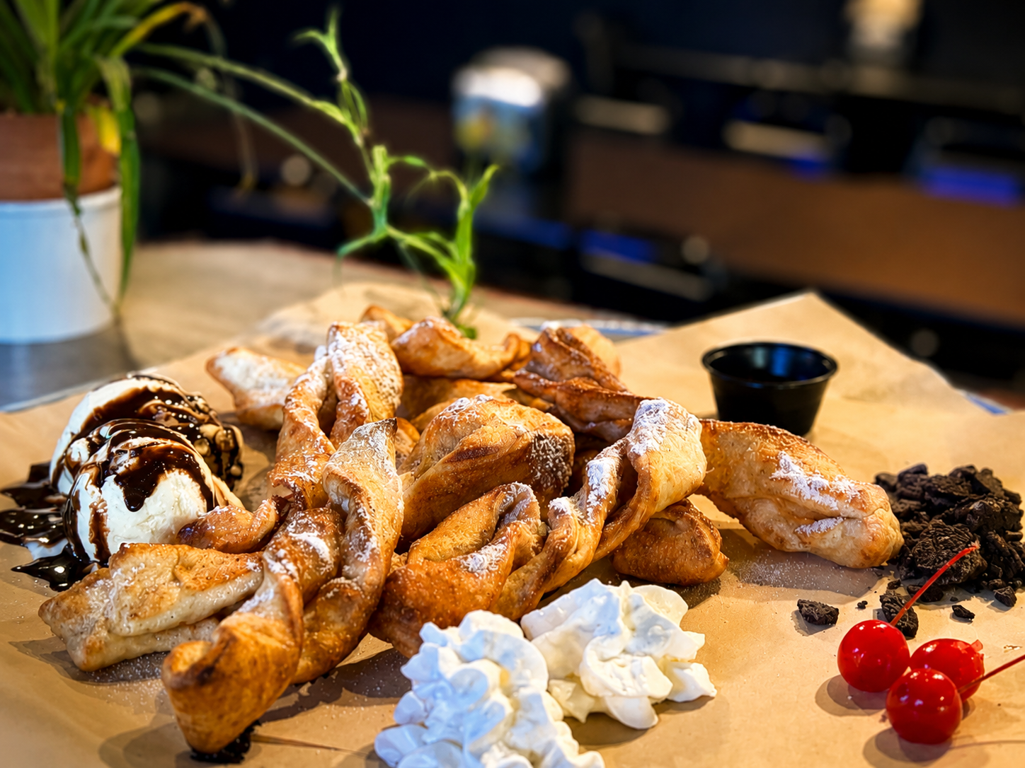 Fried dough dessert board with ice cream